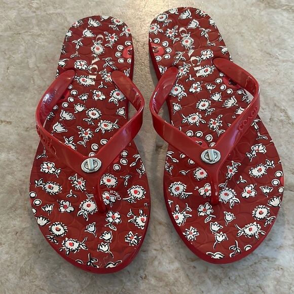COACH Floral Red Flip Flops Size 8 - Picture 2 of 6